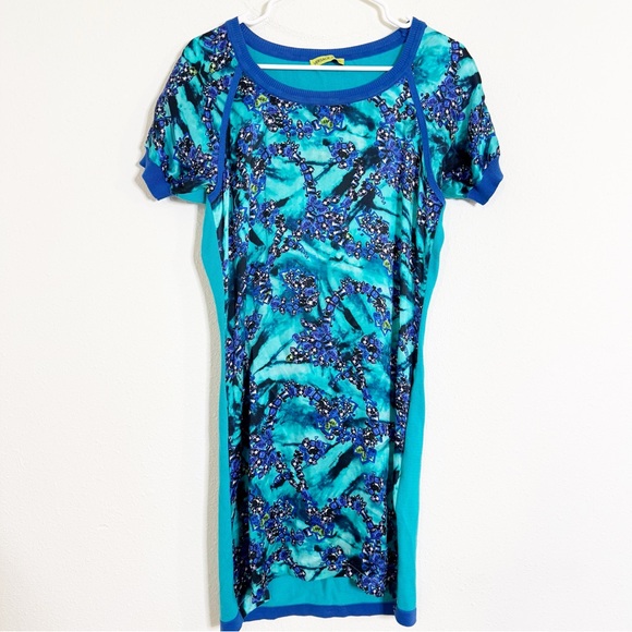 Versace silk blend blue knit back shirt dress